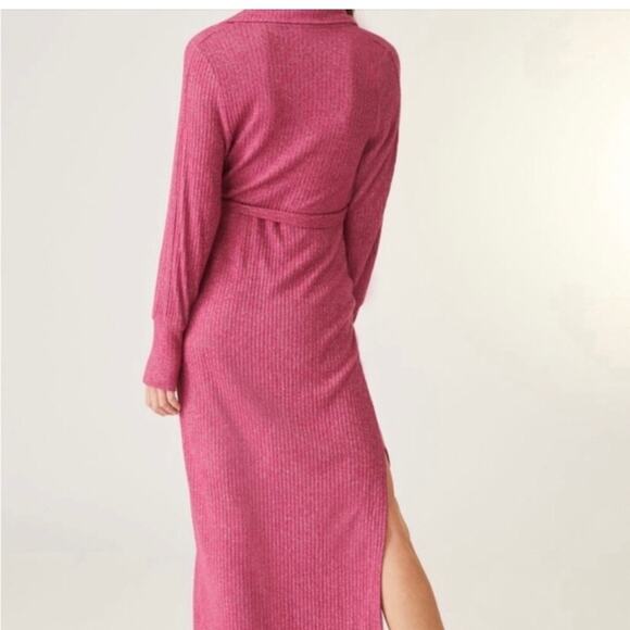 Anthropologie S pink ribbed belted wrap v neck stretchy long sleeve maxi dress - Picture 3 of 15